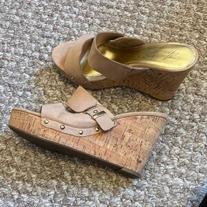 Michael Kors Wedge Slide Sandals in Taupe with Buckle Detail size 9